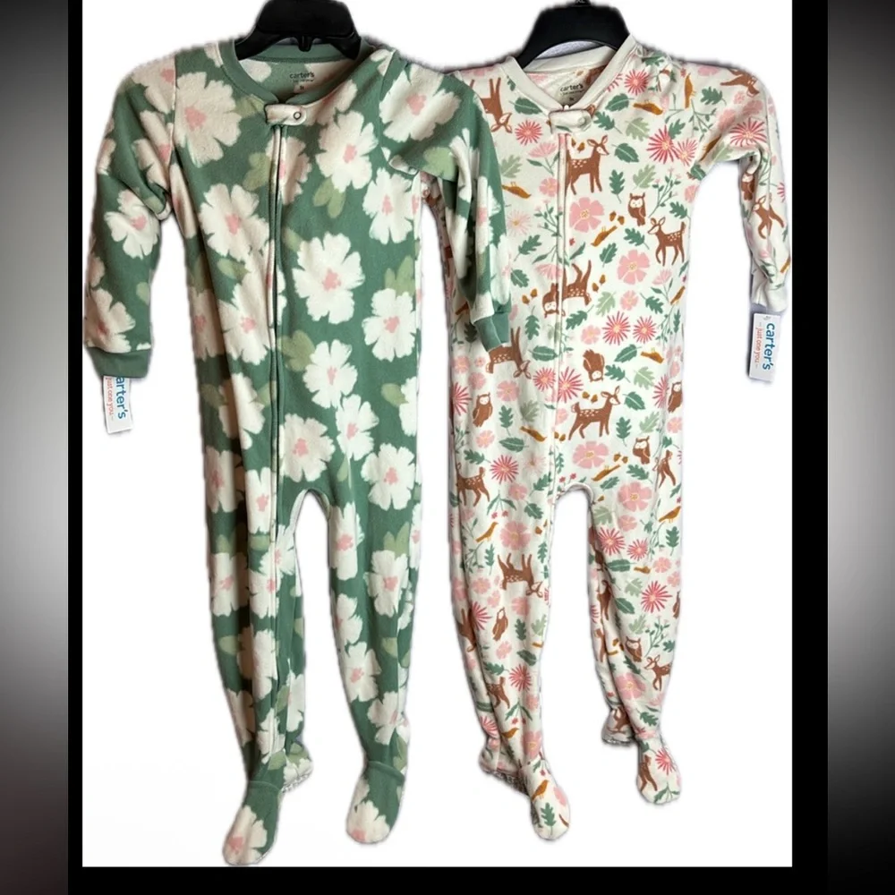 Set of 2 Carter's Fleece Green Pink and Pink White Floral Footie One Pie…